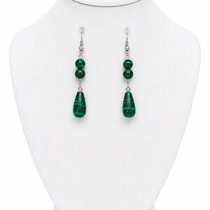 Malachite Green Beaded Teardrop Dangle Earrings – Silver Tone